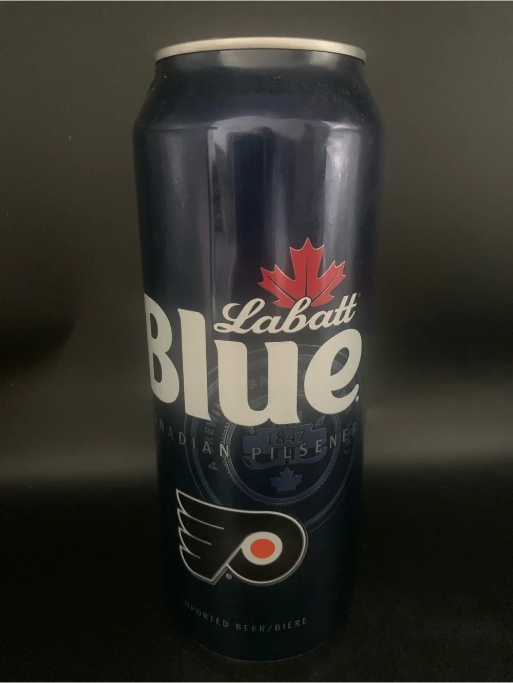 Vintage Beer Can Labatt Blue Canadian Pilsner Philadelphia Flyers 16Oz Empty